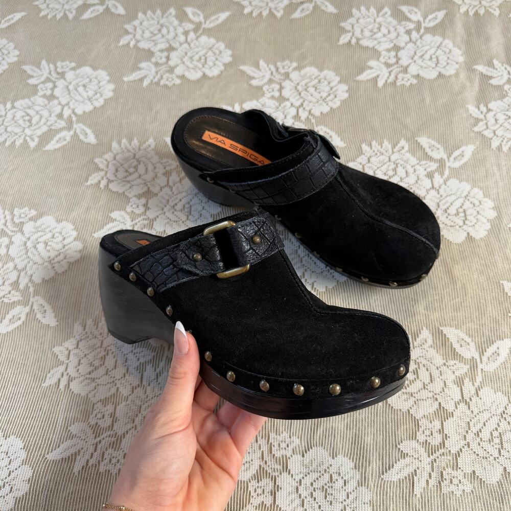 Via Spiga Black Suede Studded Platform Clogs Size 6